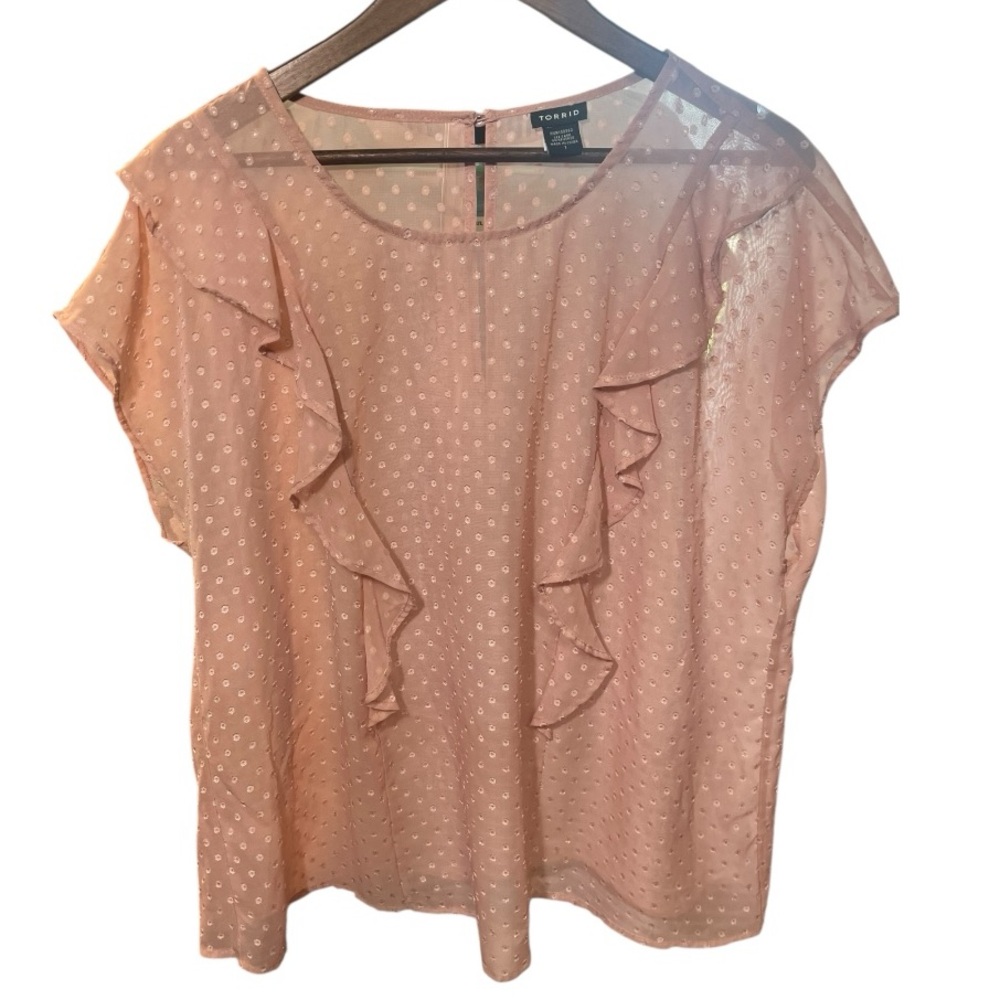 TORRID LIGHT PINK CHIFFON SHEER SWISS DOT RUFFLE BLOUSE SZ 1X - Picture 2 of 7